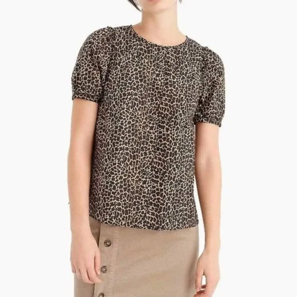 J Crew XS Leopard‎ Print Short Sleeve Top Cotton Puff Sleeve